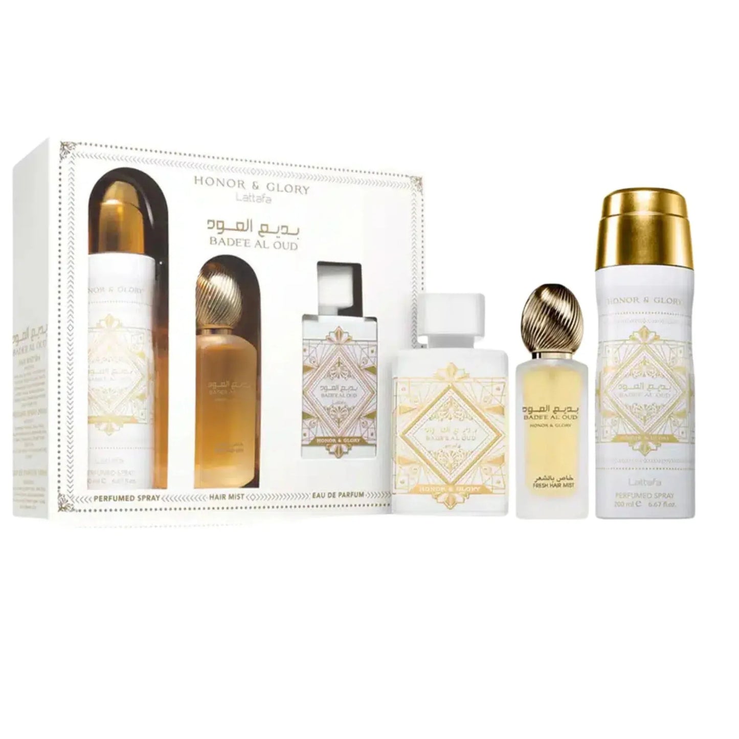 Estuche Lattafa Badee Al Oud Honor & Glory EDP 100ml + Perfume Spray 200ml + Hair Mist 50ml Unisex